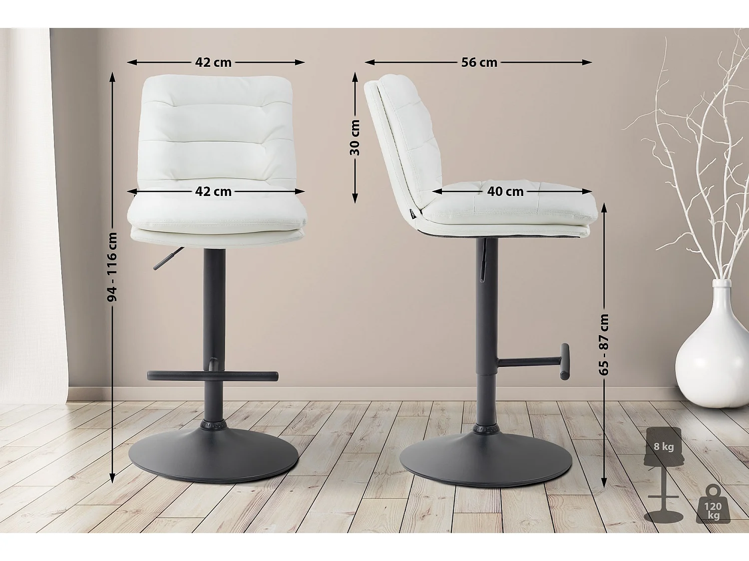 Tabouret de bar - Similicuir & Noir - Blanc - Damar