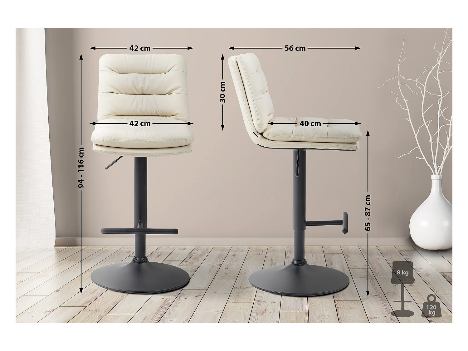Lot de 2  Tabouret de bar - Similicuir & Noir - Crème - Damar