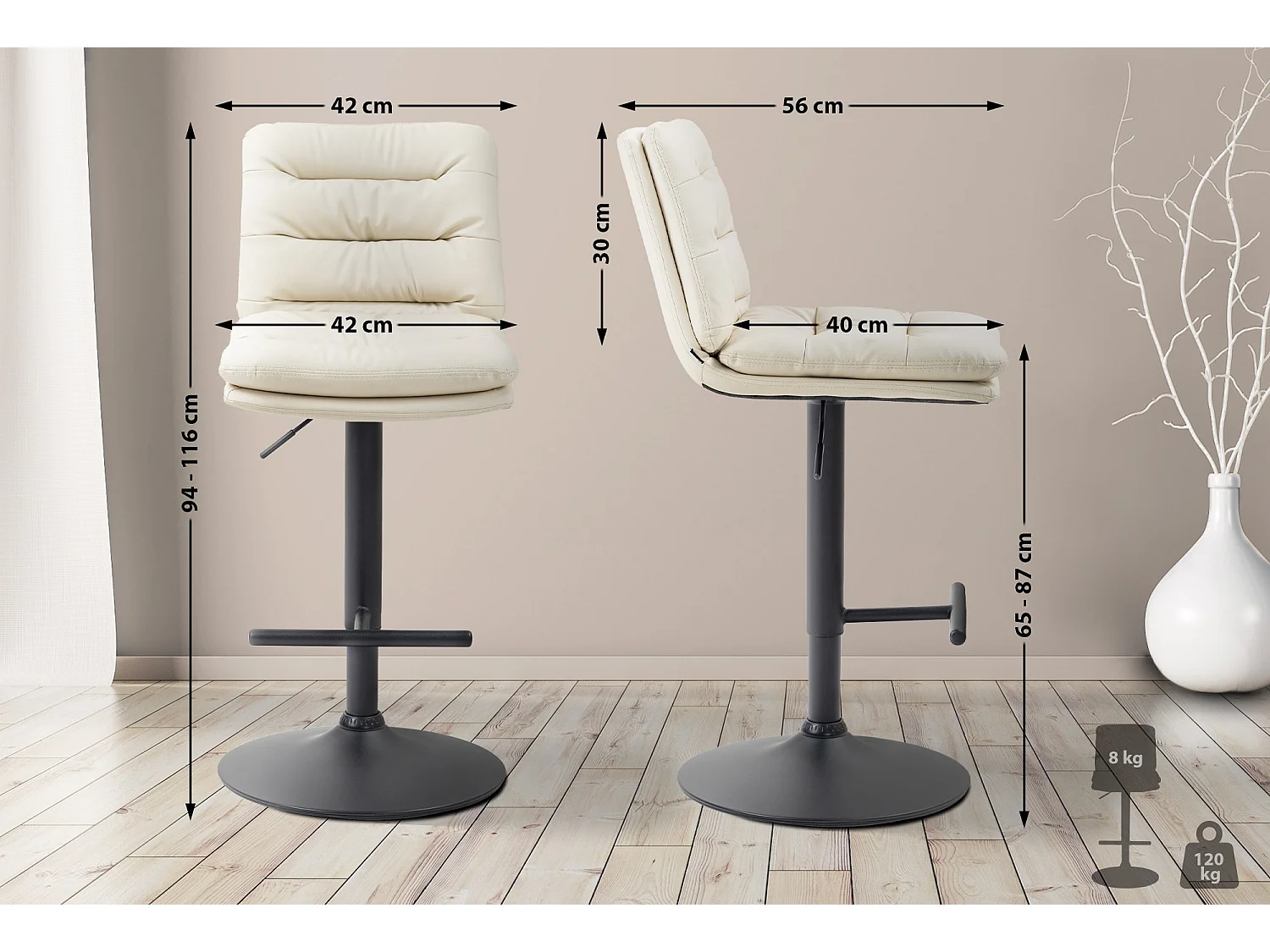 Lot de 2  Tabouret de bar - Similicuir & Noir - Crème - Damar