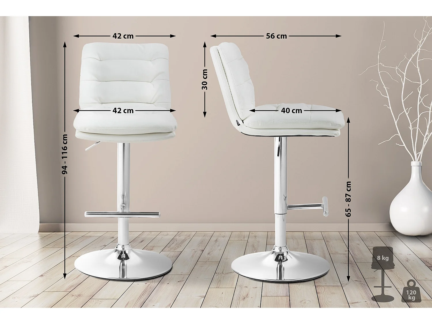 Lot de 2  Tabouret de bar - Similicuir & Chrome - Blanc - Damar