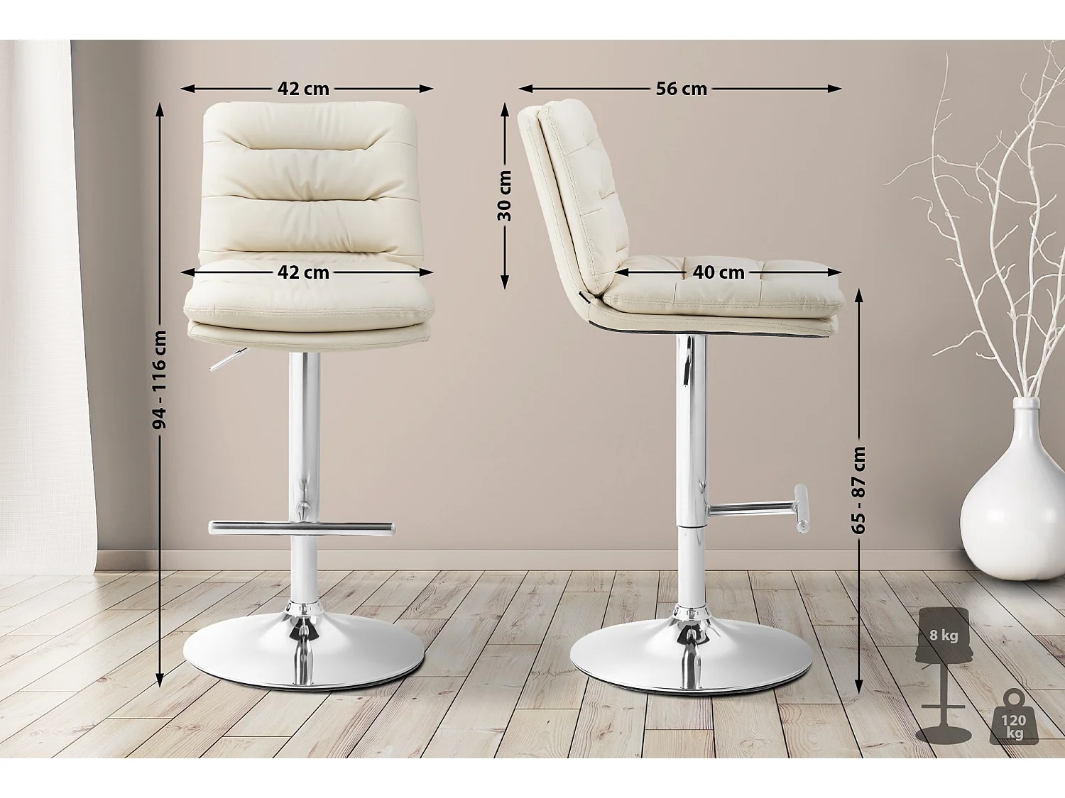 Lot de 2  Tabouret de bar - Similicuir & Chrome - Crème - Damar