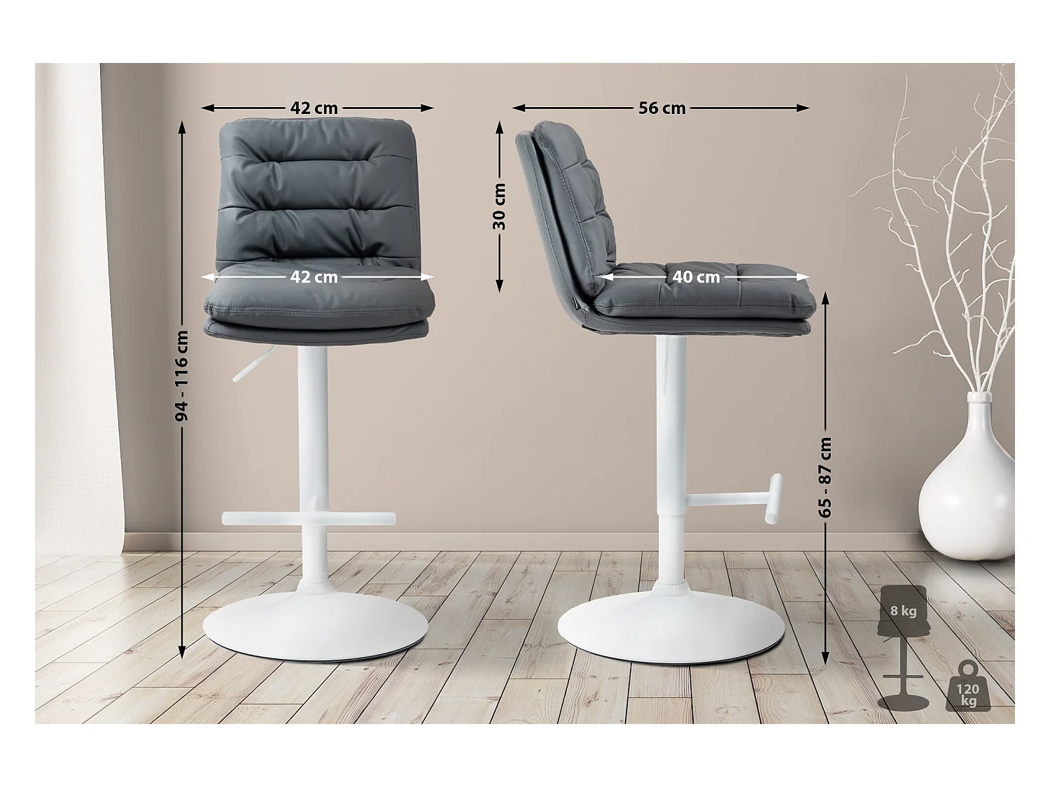 Lot de 2  Tabouret de bar - Similicuir & Blanc - Gris - Damar