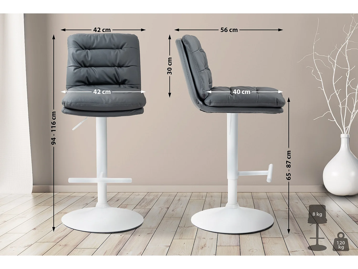 Lot de 2  Tabouret de bar - Similicuir & Blanc - Gris - Damar