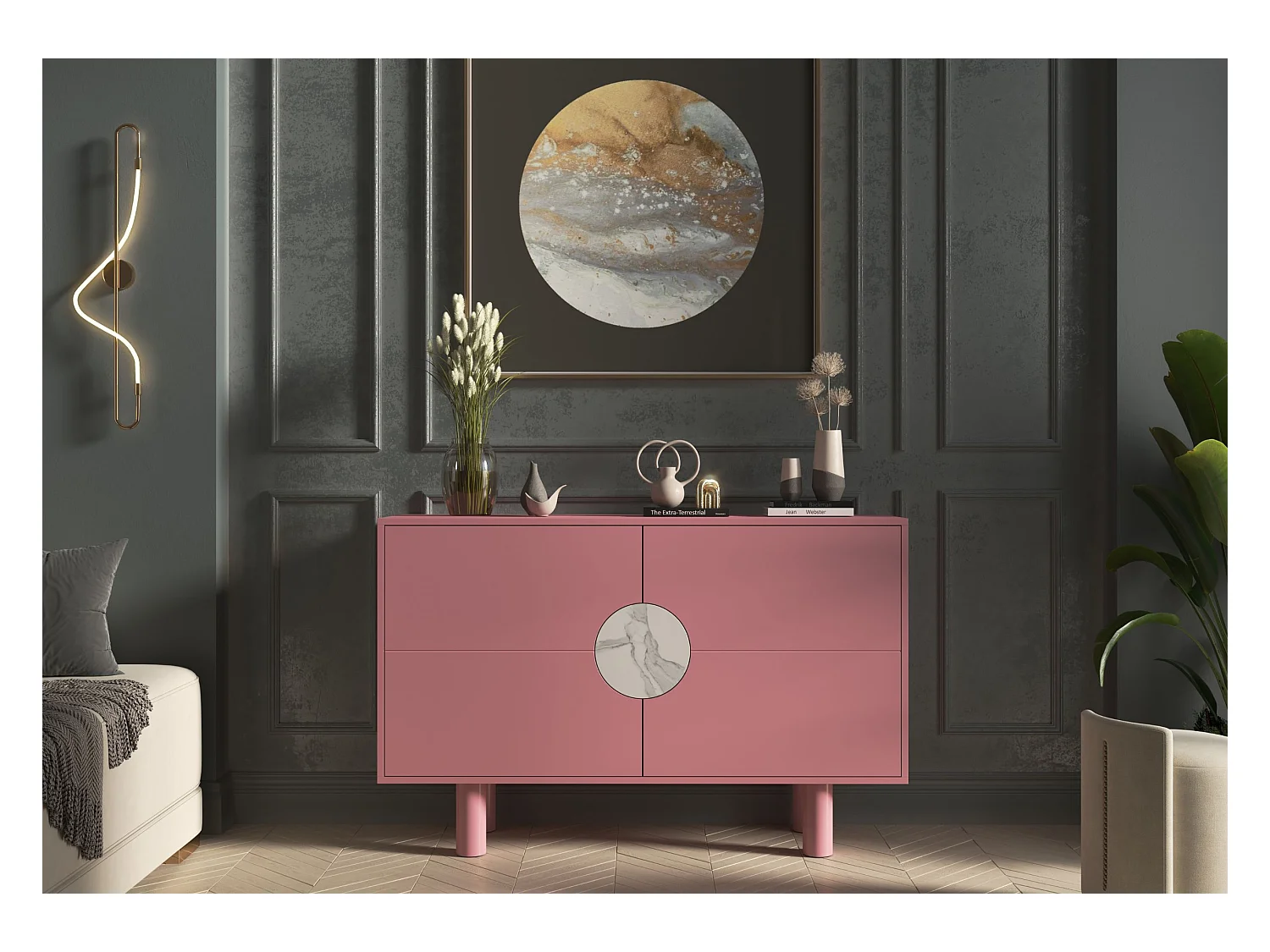 Buffet moderne avec marbre Dancan ZOE 2D / couleur rose poudré / largeur 140 cm