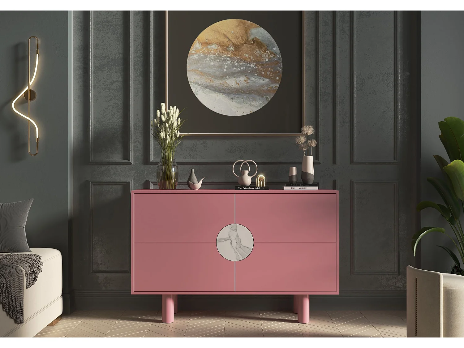 Sideboard Zoe, mit marmor, 140 cm, rosa