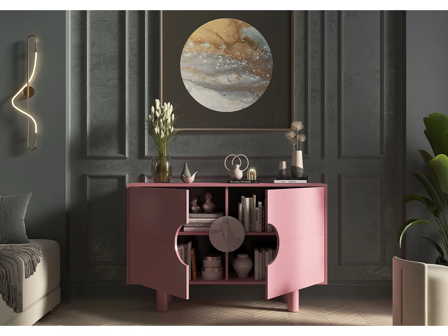 Sideboard Zoe, mit marmor, 140 cm, rosa
