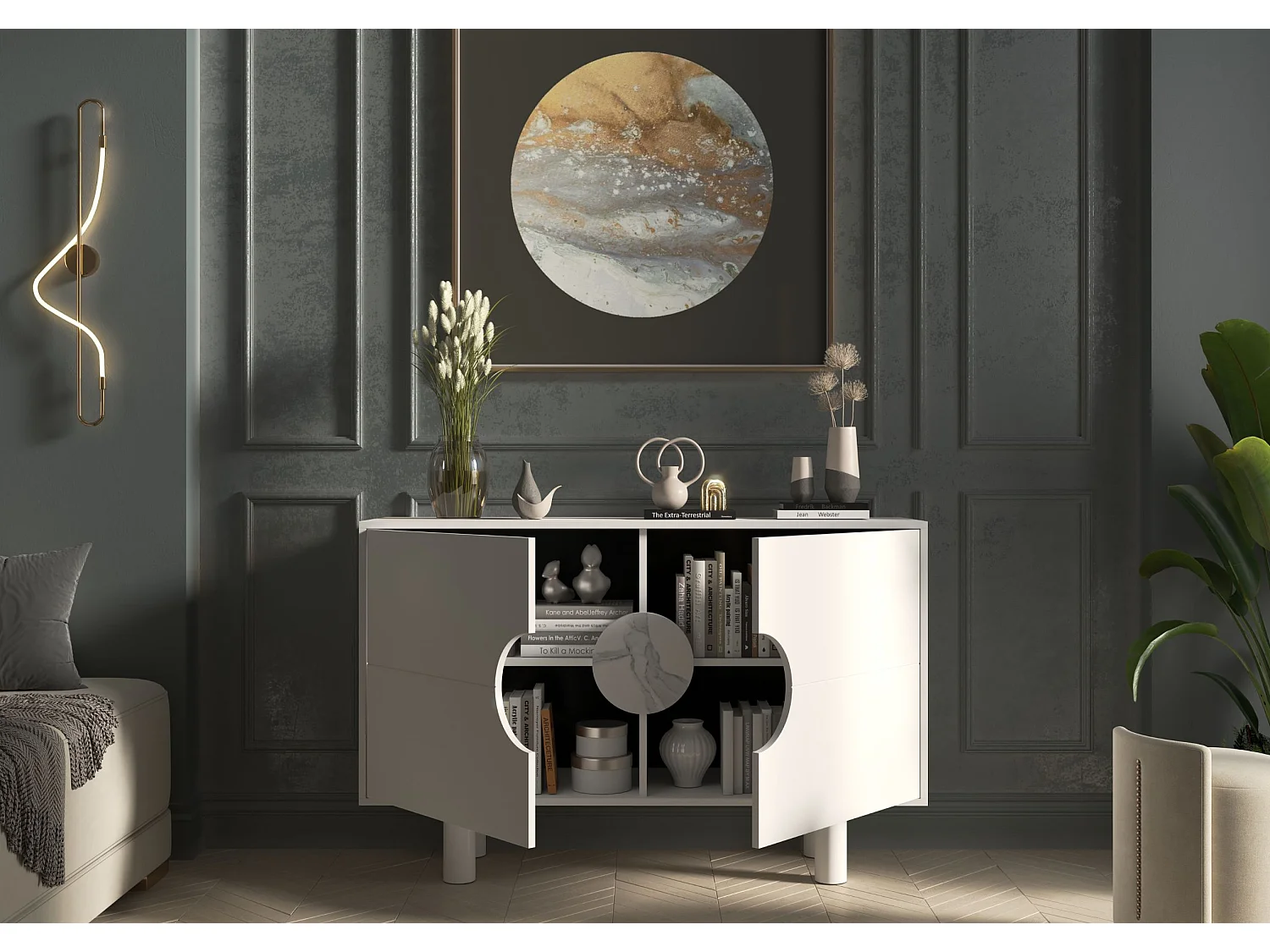 Buffet moderne avec marbre Dancan ZOE 2D / couleur blanche / largeur 140 cm