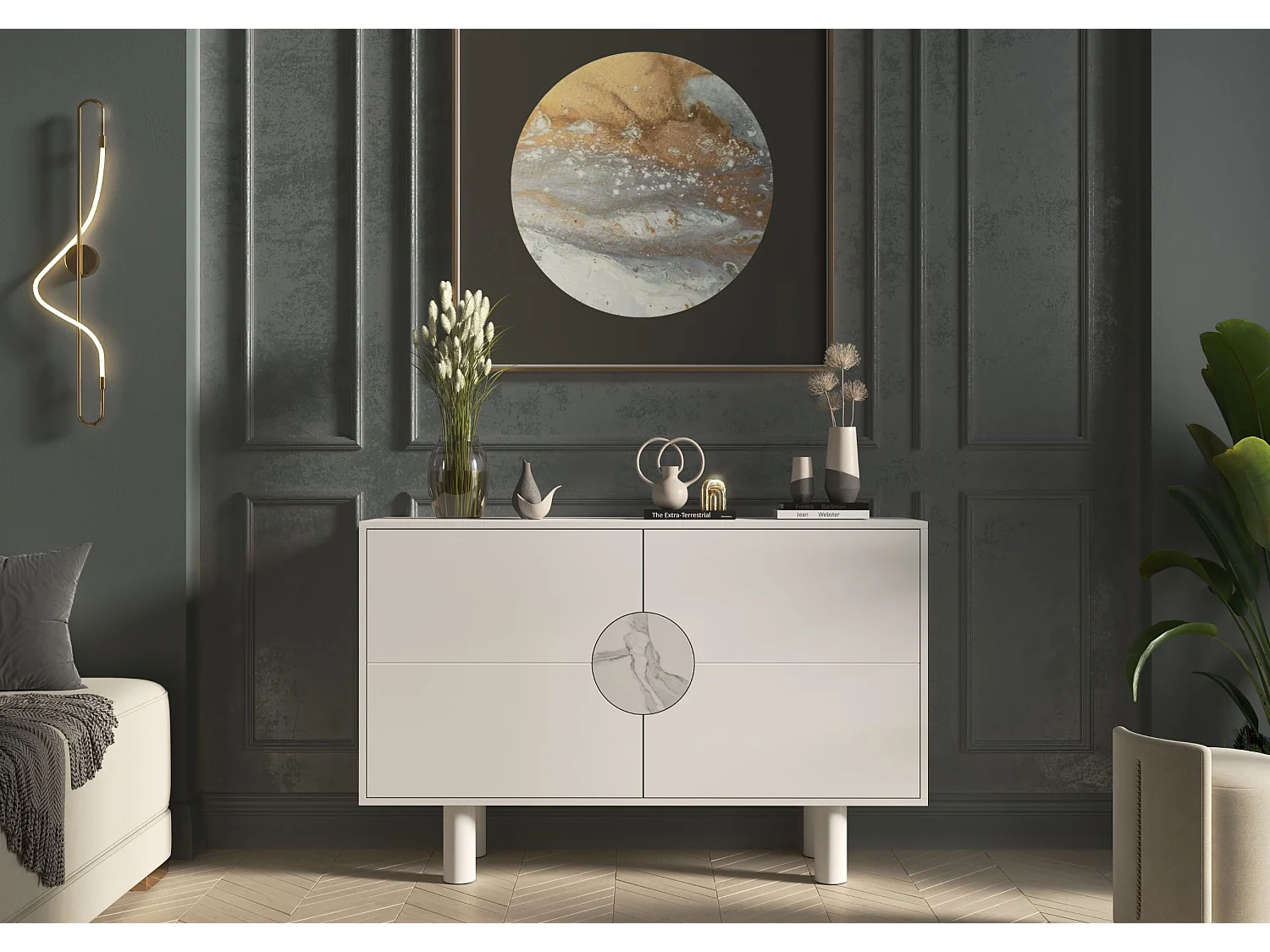 Sideboard Zoe, mit marmor, 140 cm, weiß