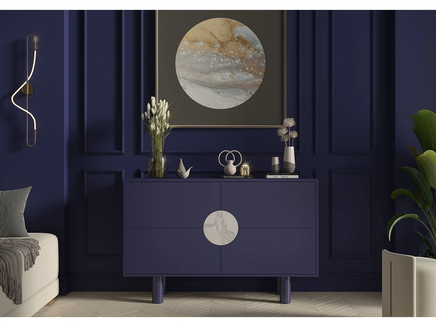 Buffet moderne avec marbre Dancan ZOE 2D / couleur bleu noble / largeur 140 cm