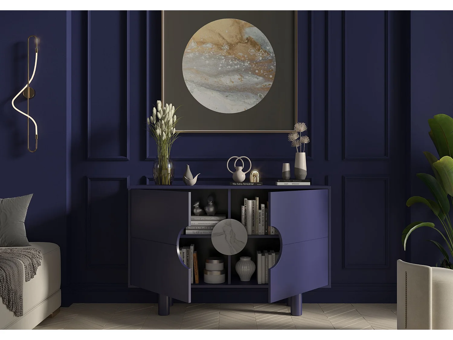 Buffet moderne avec marbre Dancan ZOE 2D / couleur bleu noble / largeur 140 cm