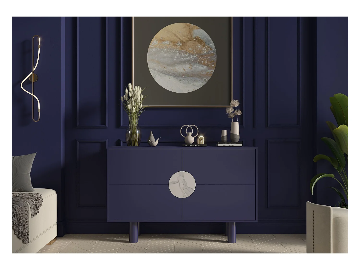 Buffet moderne avec marbre Dancan ZOE 2D / couleur bleu noble / largeur 140 cm