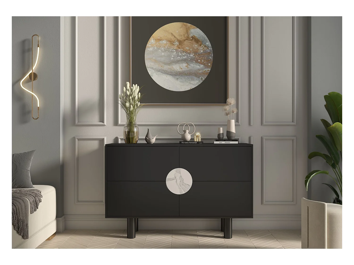 Buffet moderne avec marbre Dancan ZOE 2D / couleur noire / largeur 140 cm