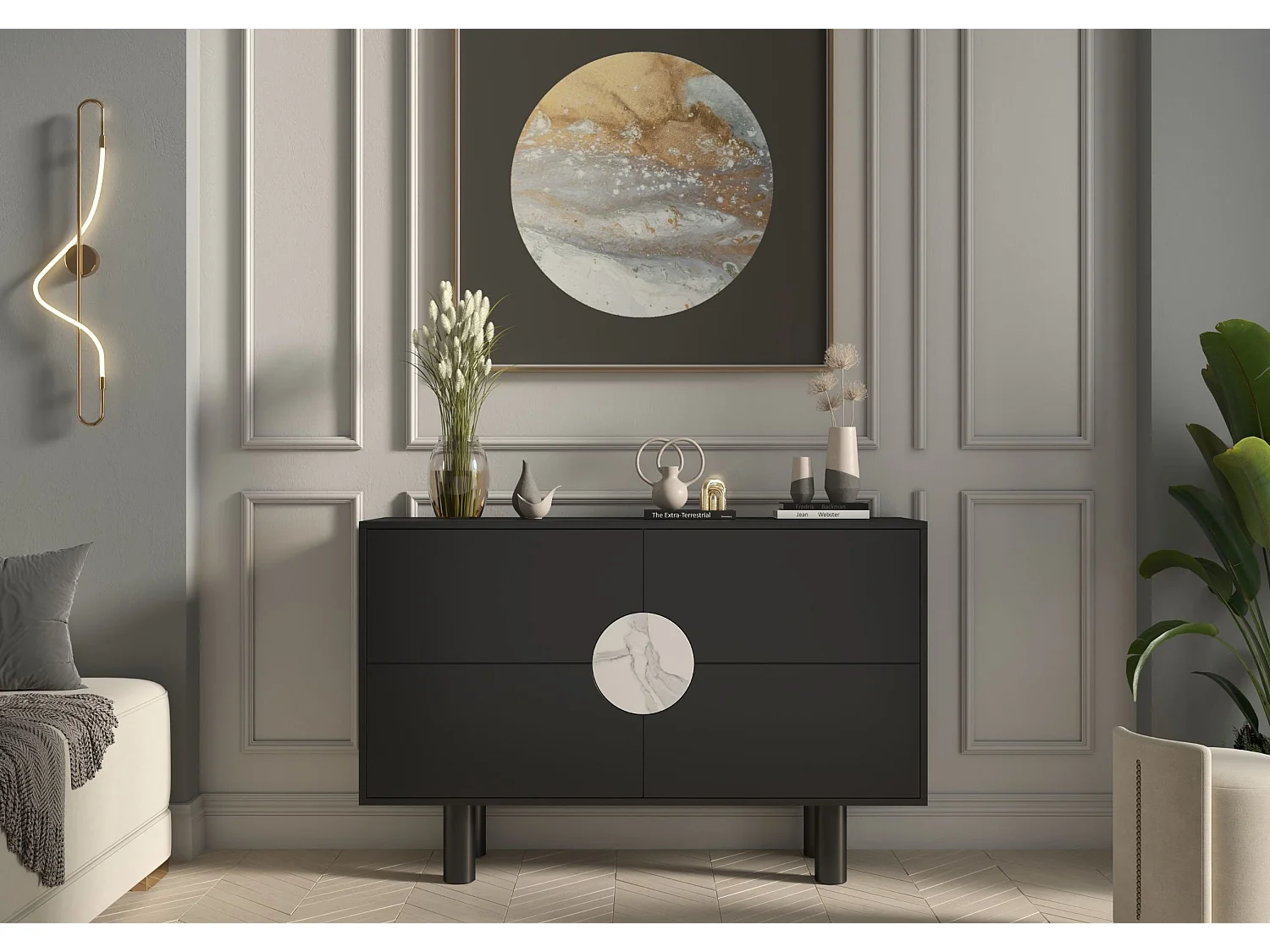 Sideboard Zoe, mit marmor, 140 cm, schwarz