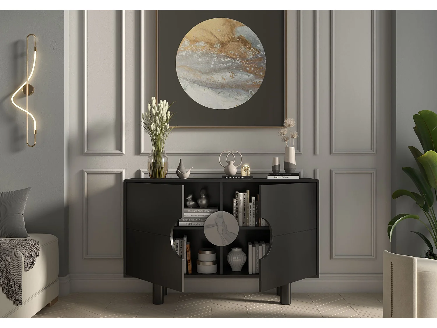 Sideboard Zoe, mit marmor, 140 cm, schwarz
