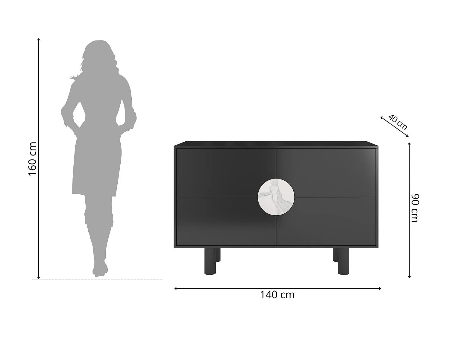 Sideboard Zoe, mit marmor, 140 cm, schwarz