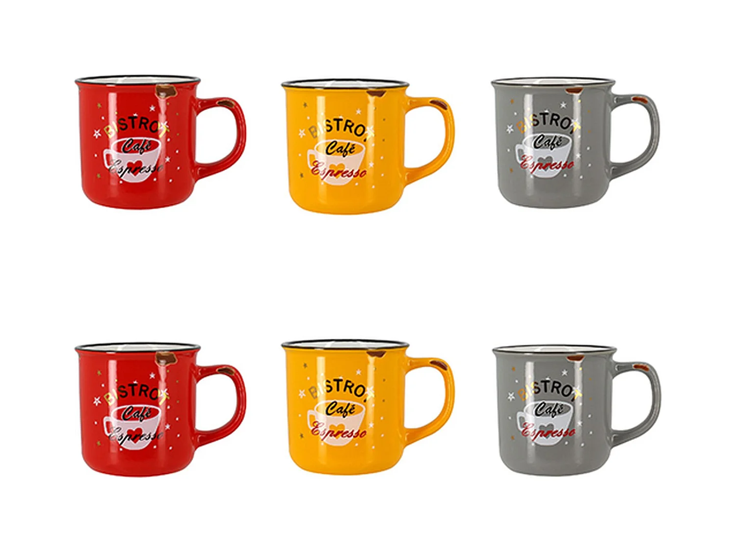 Novastyl - Lot 6 Mugs Cafetaria En Gres 33cl 3 Couleurs Assorties