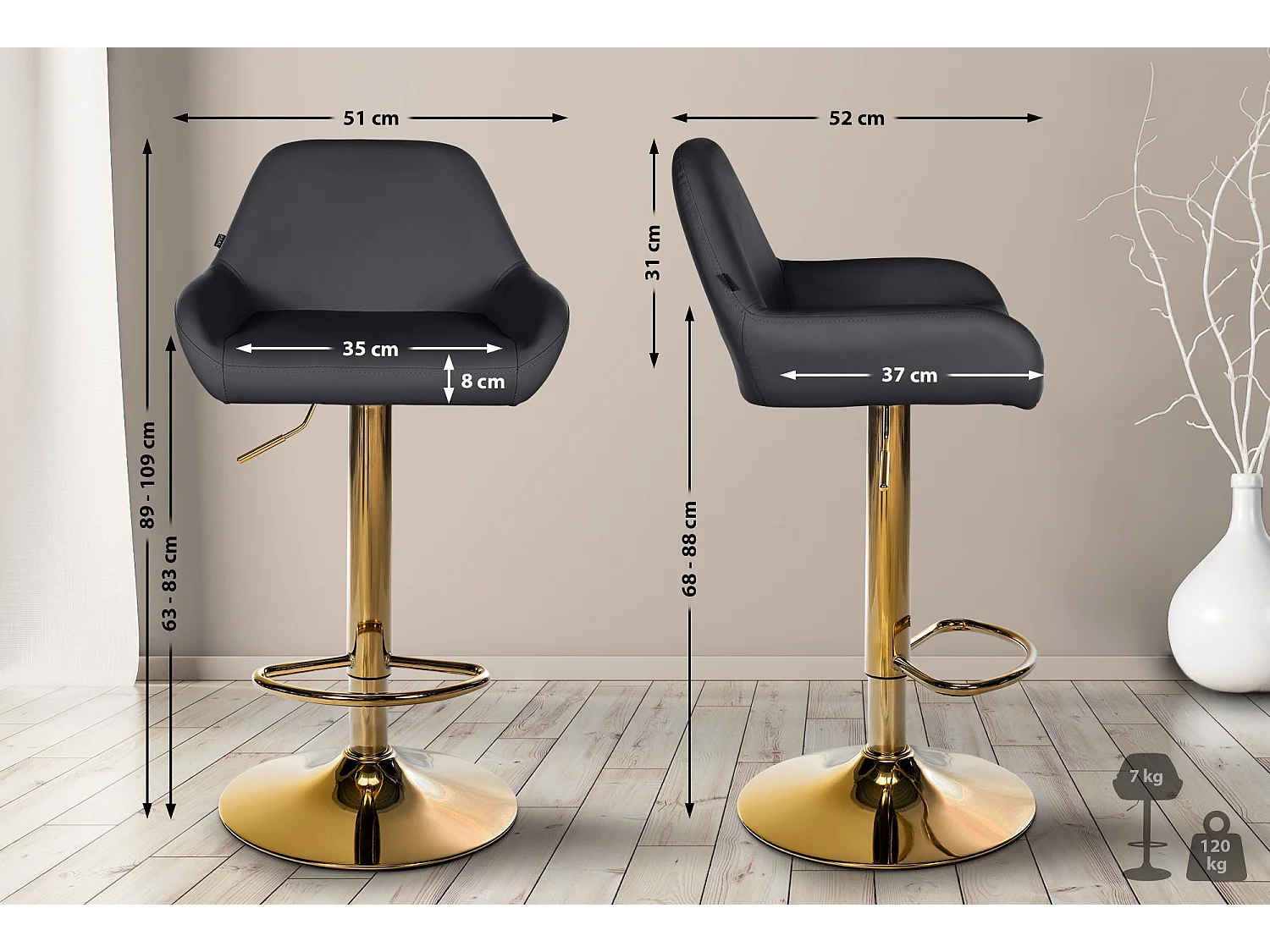 Lot de 2  Tabouret de bar - Similicuir - Noir - Braga