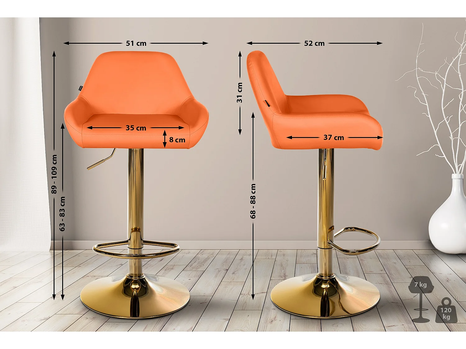 Lot de 2  Tabouret de bar - Similicuir & Métal - Orange - Braga