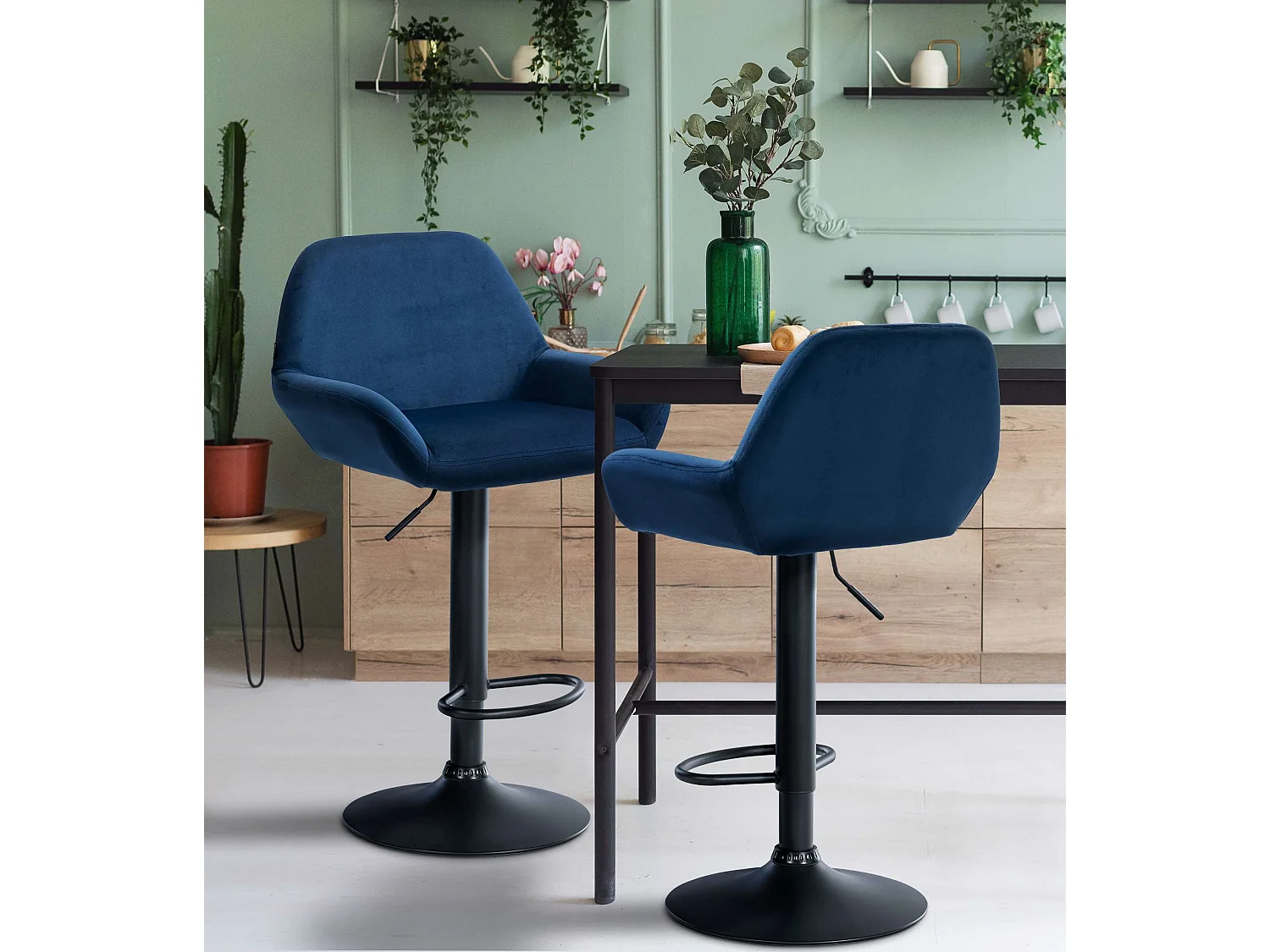 Lot de 2  Tabouret de bar - Velours - Bleu - Braga