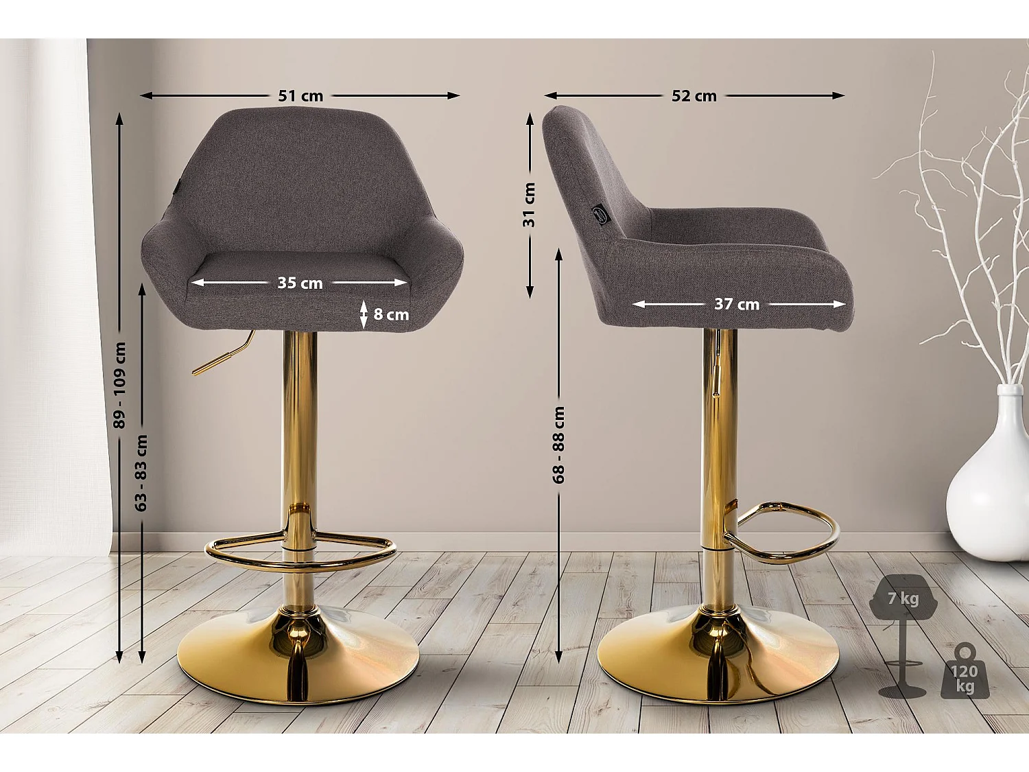Lot de 2  Tabouret de bar - Tissu & Blanc - Gris foncé - Braga