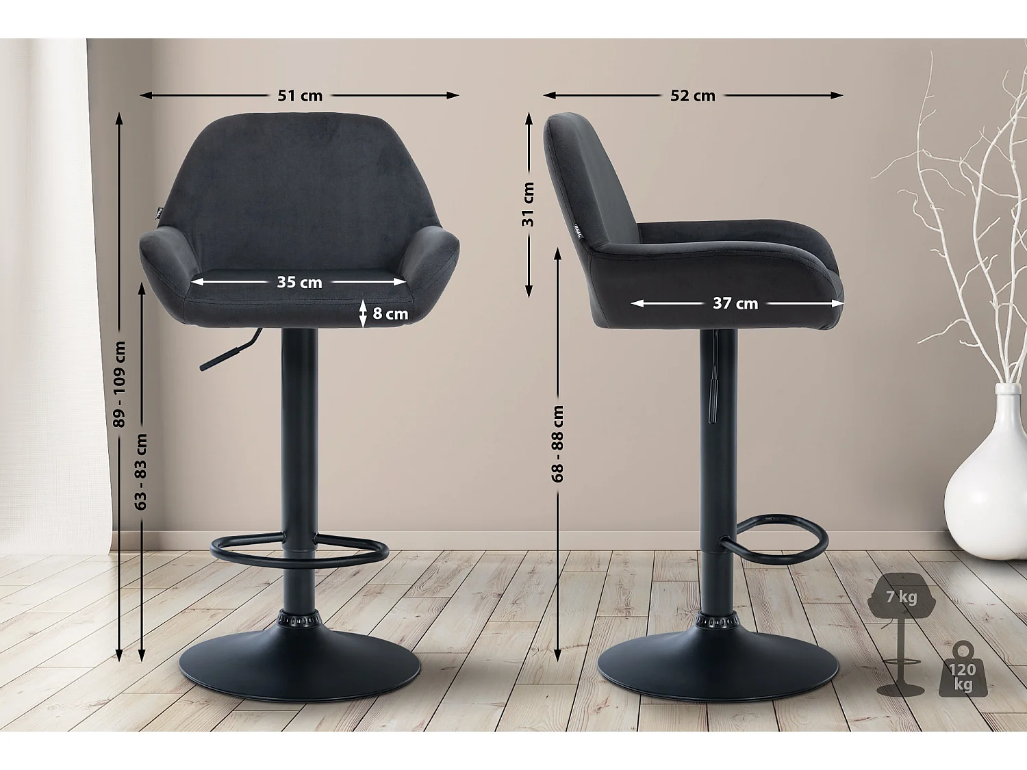 Lot de 2  Tabouret de bar - Velours - Noir - Braga