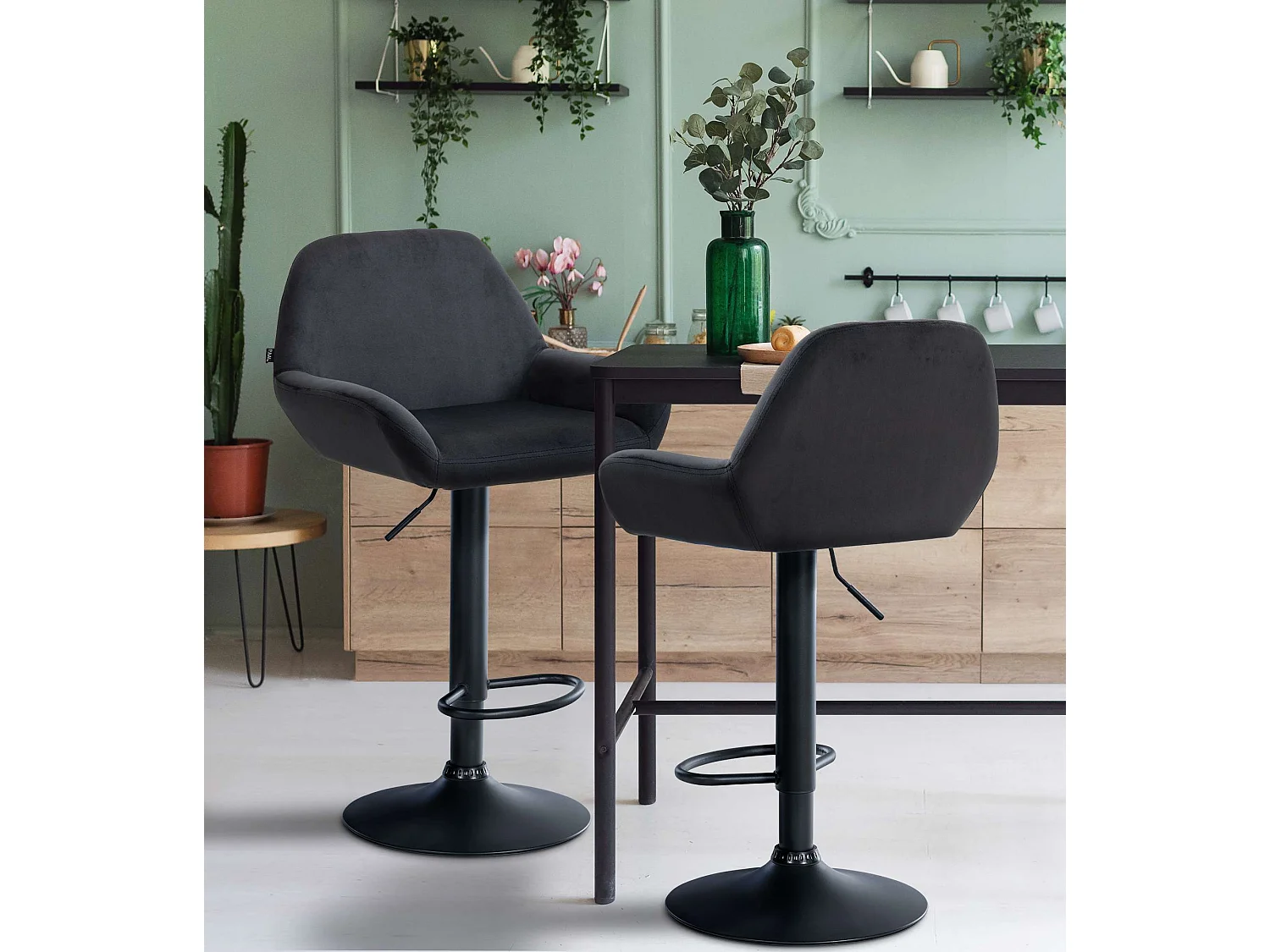 Lot de 2  Tabouret de bar - Velours - Noir - Braga