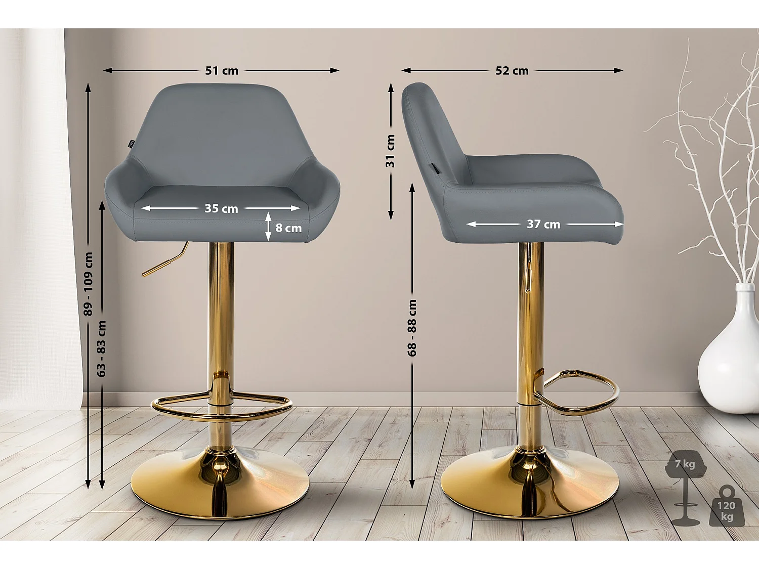 Lot de 2  Tabouret de bar - Similicuir & Métal - Gris - Braga