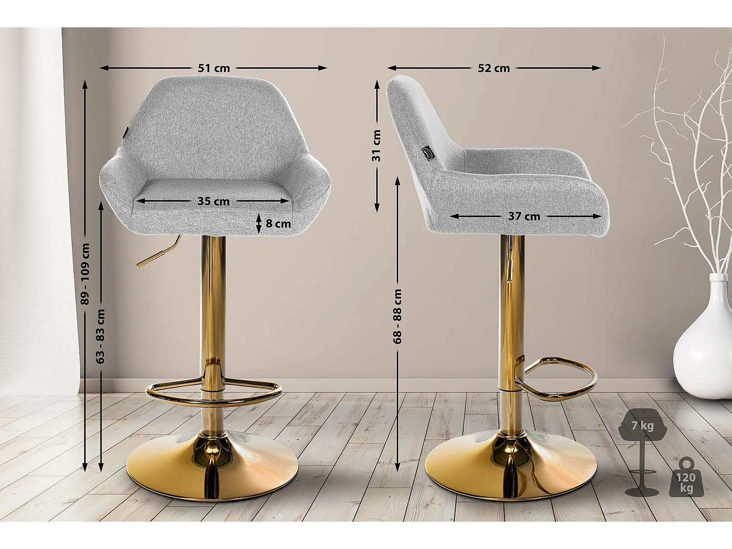 Lot de 2  Tabouret de bar - Tissu & Blanc - Gris - Braga