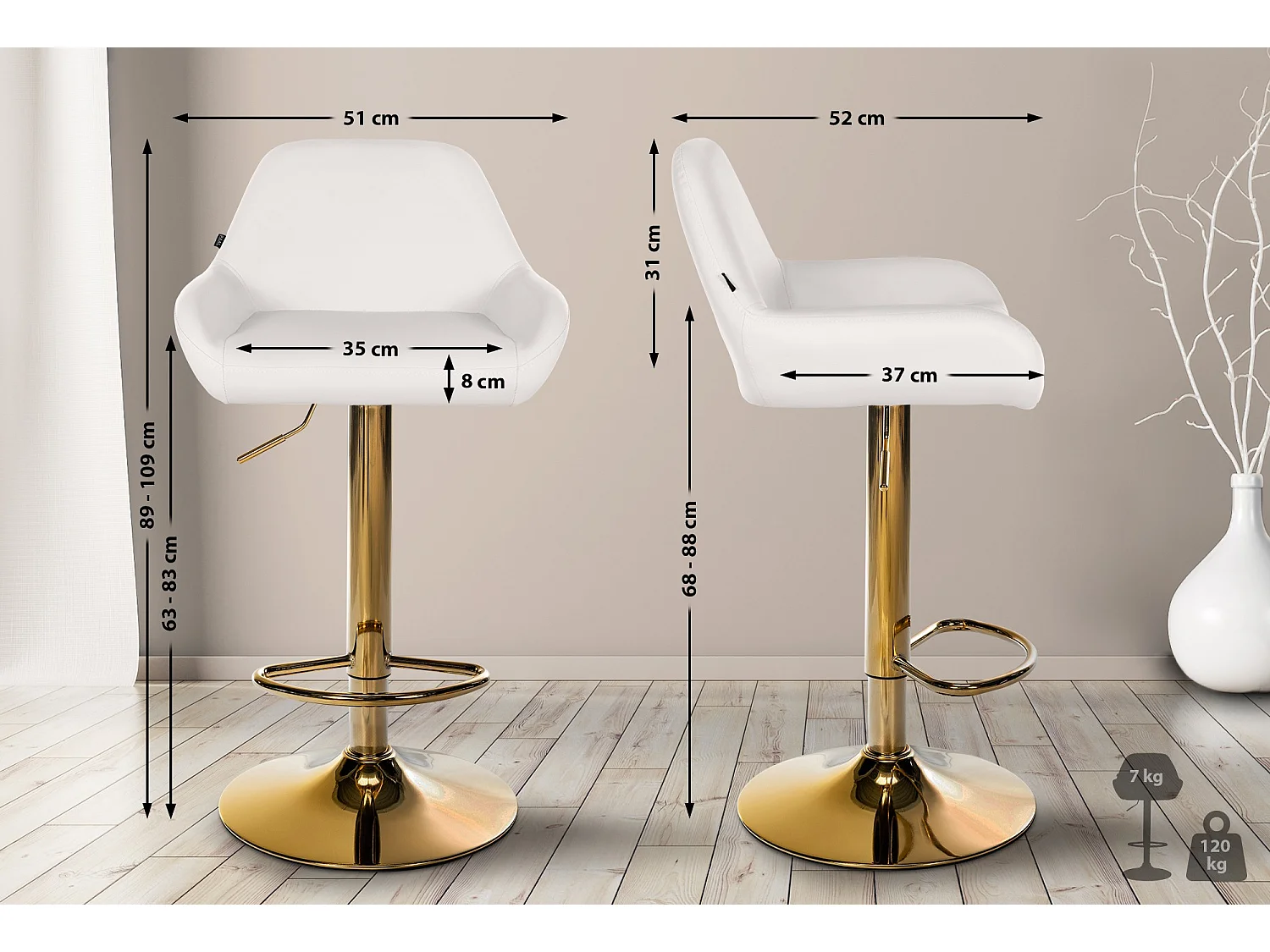 Lot de 2  Tabouret de bar - Similicuir - Blanc - Braga