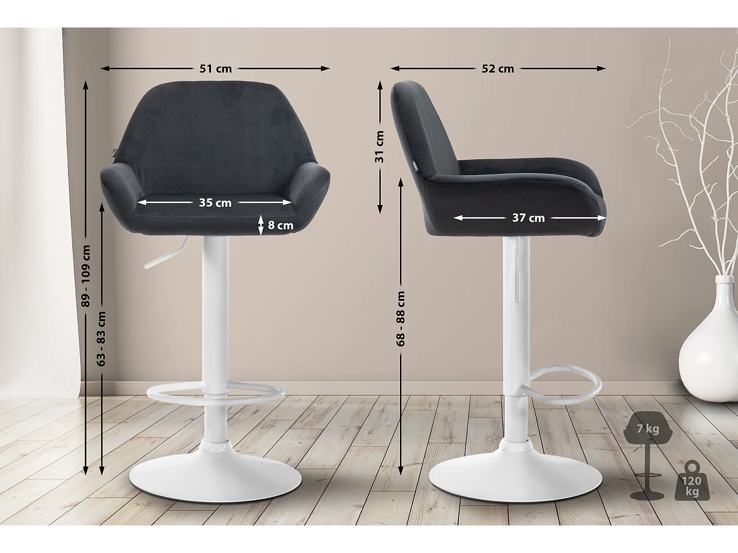 Lot de 2  Tabouret de bar - Velours - Noir - Braga