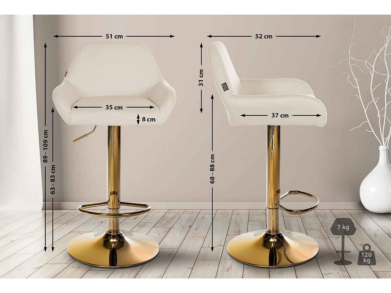 Lot de 2  Tabouret de bar - Tissu & Métal - Crème - Braga