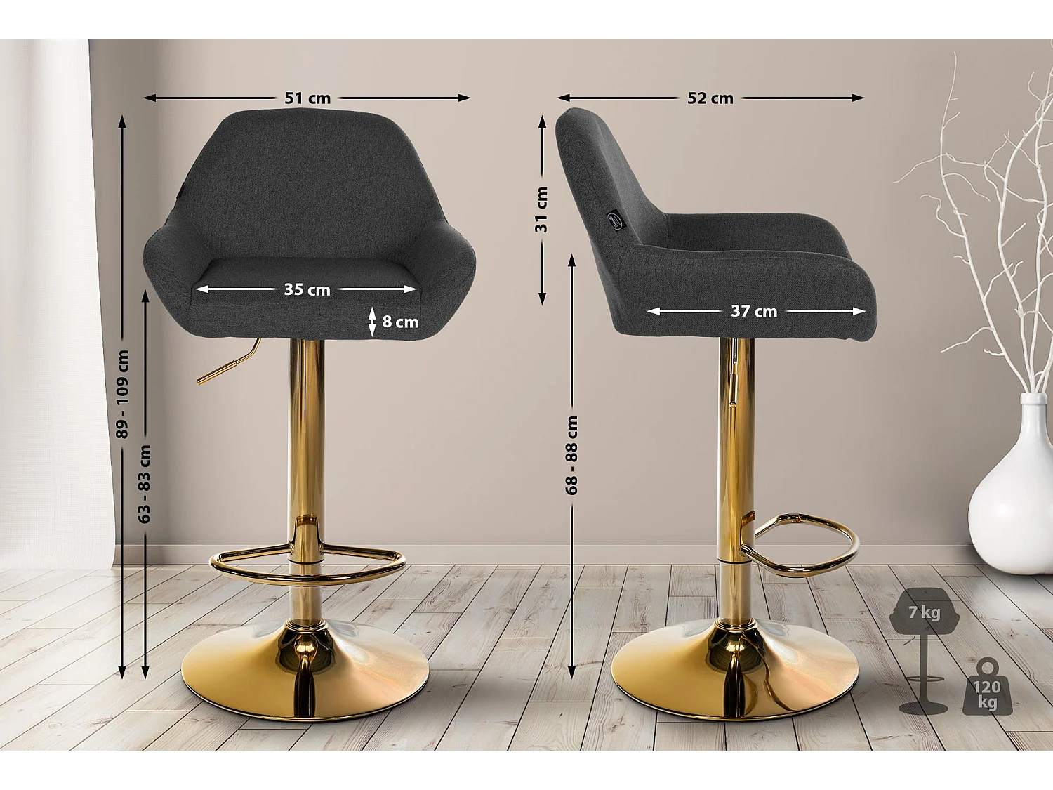 Lot de 2  Tabouret de bar - Tissu & Blanc - Noir - Braga