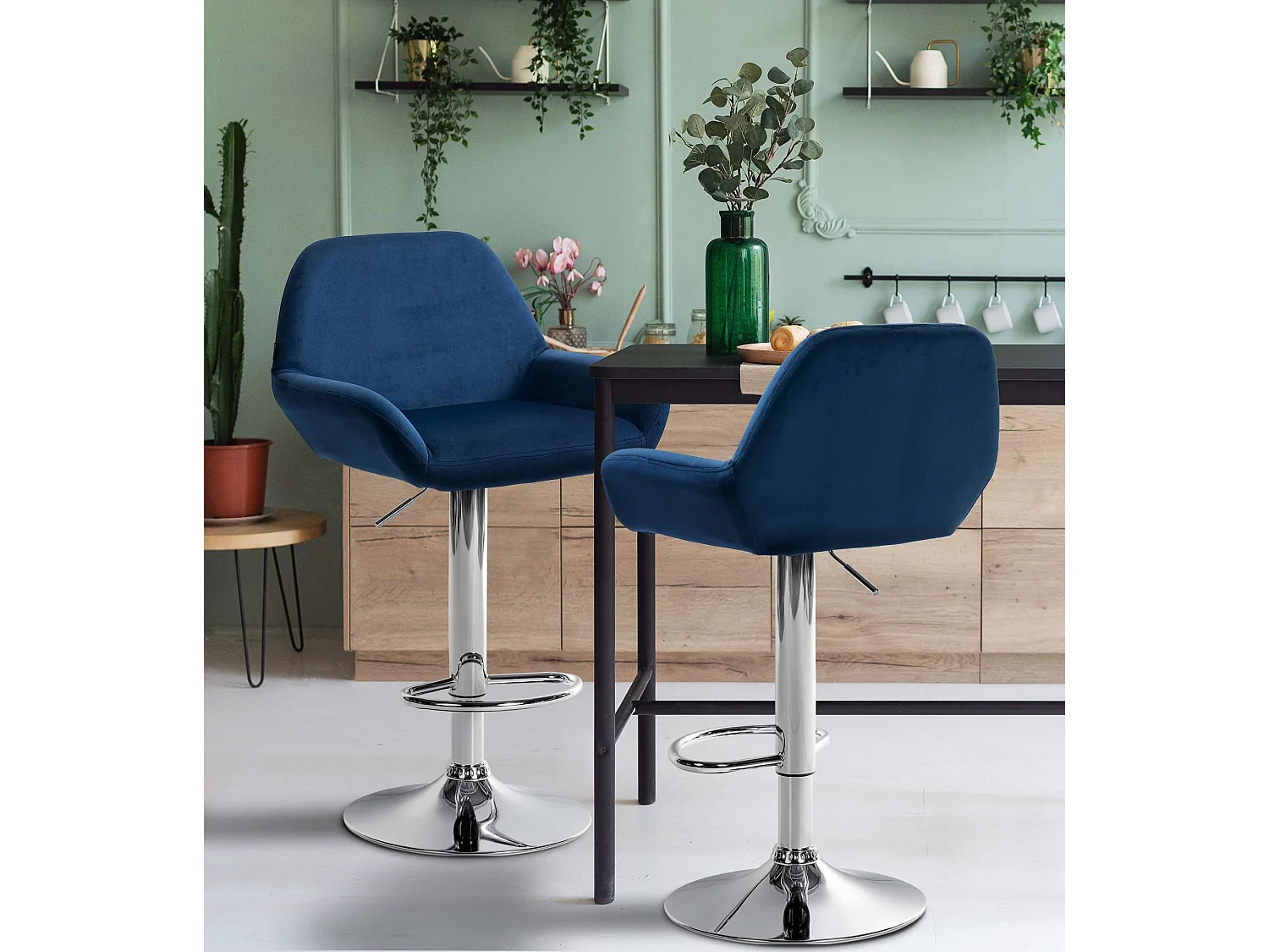 Lot de 2  Tabouret de bar - Velours - Bleu - Braga