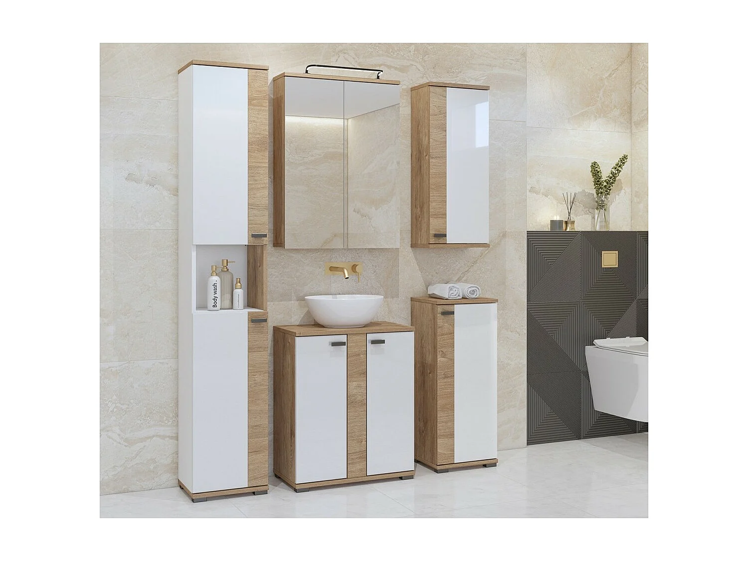 Badezimmersäule Kollektion BALEA – 2 Türen und 1 Nische, Farbe Weiß und Eiche