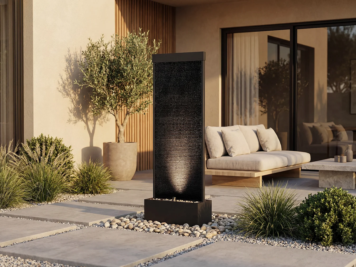 Fontaine d'extérieur en acier inoxydable et verre à LEDs - H. 120 cm - Noir - BULBIE