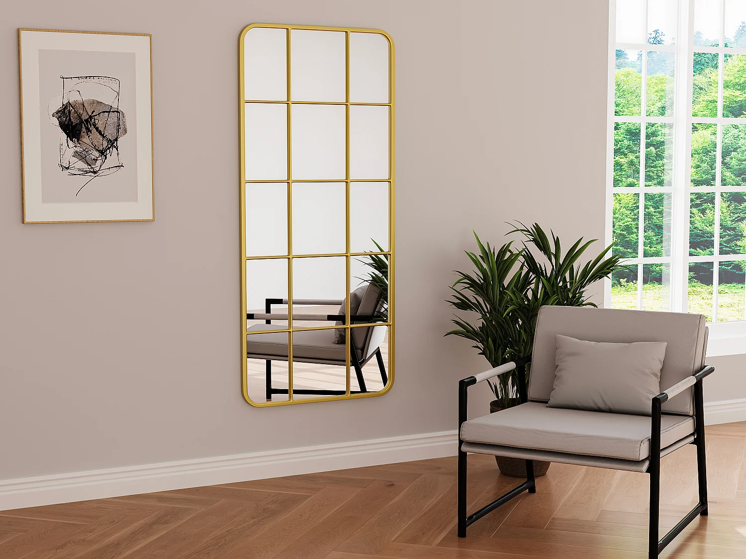 Spiegel Fenster-Optik - 60 x 140 cm - Metall - Goldfarben - SCIARA