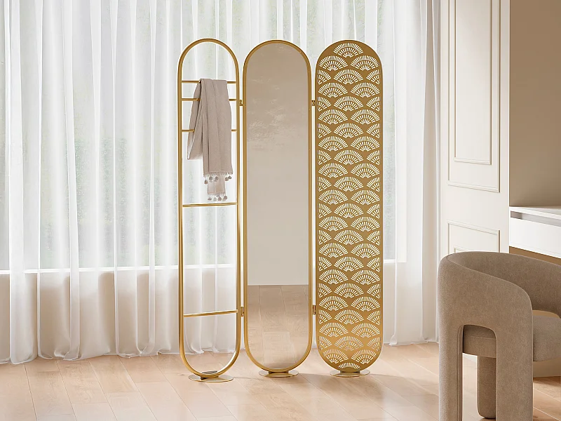 Paravent miroir art déco en métal - 3 pans - L. 117 x H. 175cm - Doré - MAVICA