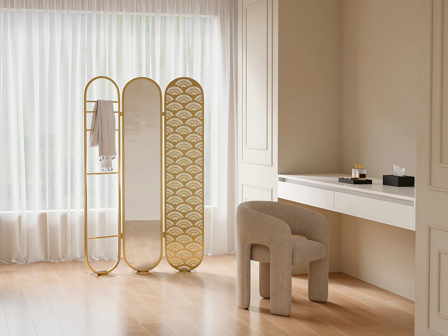 Paravent miroir art déco en métal - 3 pans - L. 117 x H. 175cm - Doré - MAVICA