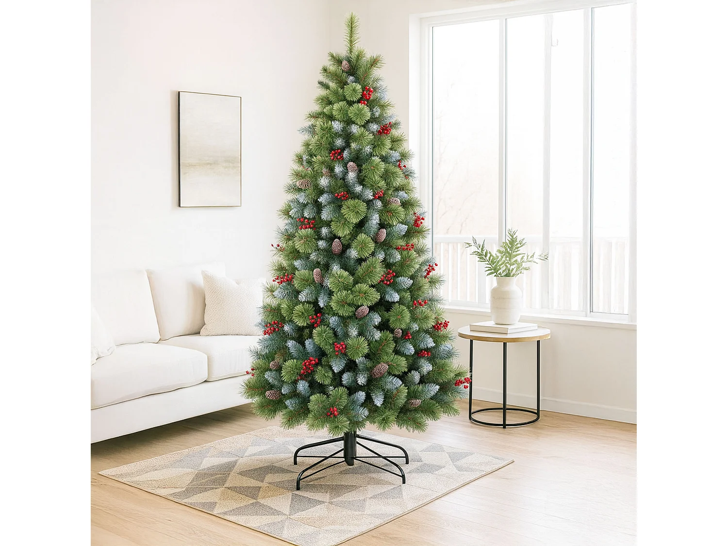 Cortina - Árvore de Natal com neve em PVC e PP com pinhas e bagas Ø83x150H, 572 pontas