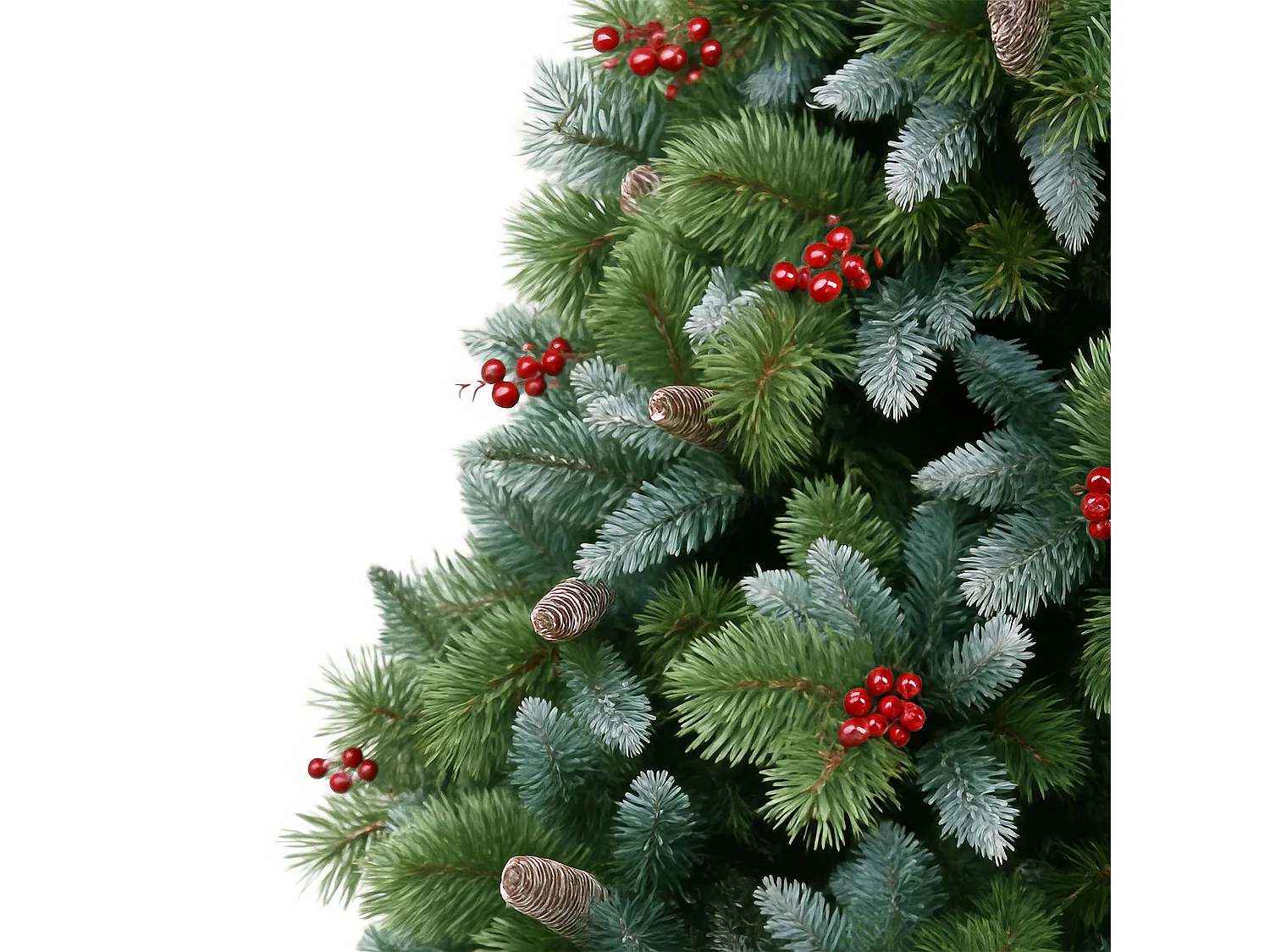 Cortina - Árvore de Natal com neve em PVC e PP com pinhas e bagas Ø83x150H, 572 pontas