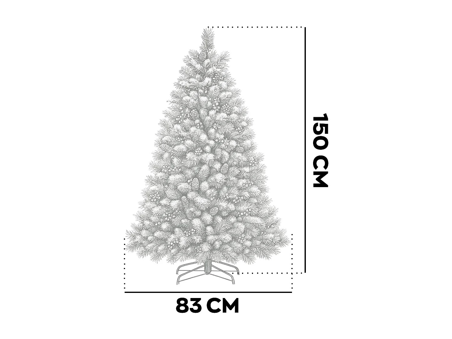 Cortina - Árvore de Natal com neve em PVC e PP com pinhas e bagas Ø83x150H, 572 pontas