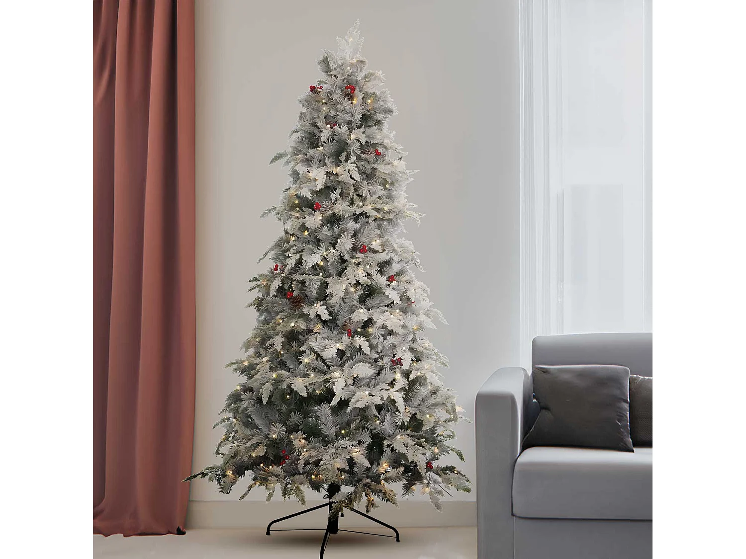 Sun LED - Árbol de Navidad con nieve, decoraciones y luces LED ø137x230H, 1076 ramas