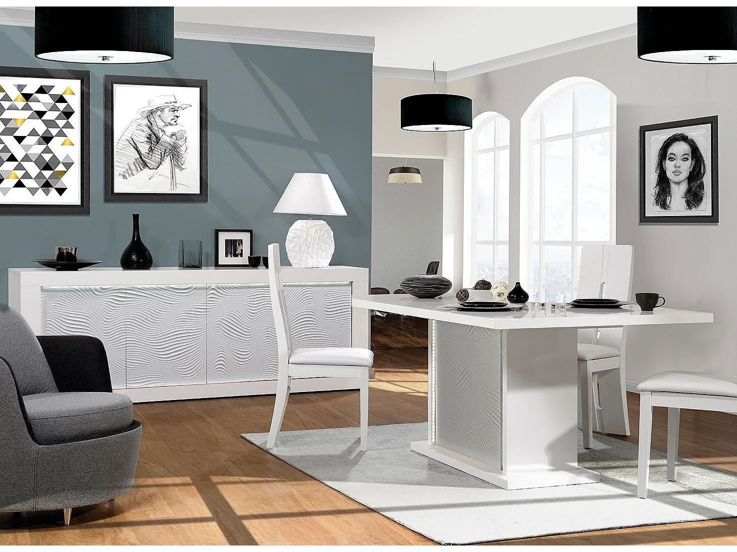 Table extensible avec éclairage à Led bois laqué blanc Kala 180-225cm