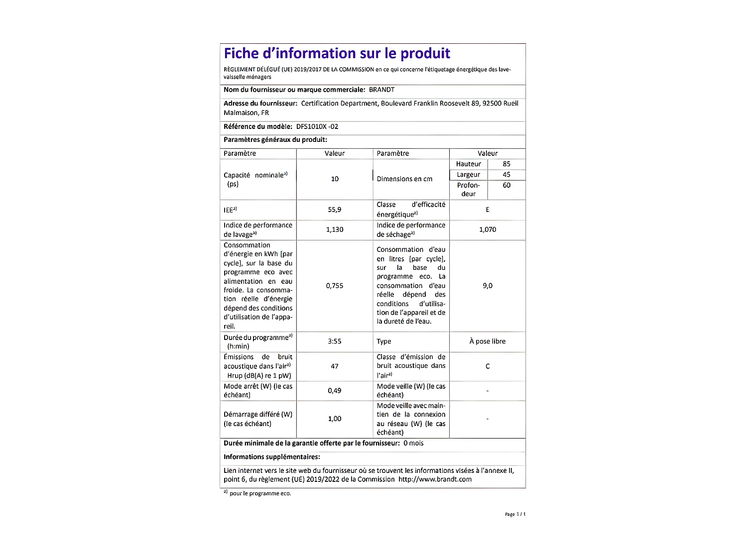 Lave-vaisselle pose libre BRANDT 10 Couverts 45cm A++, BRADFS1010X