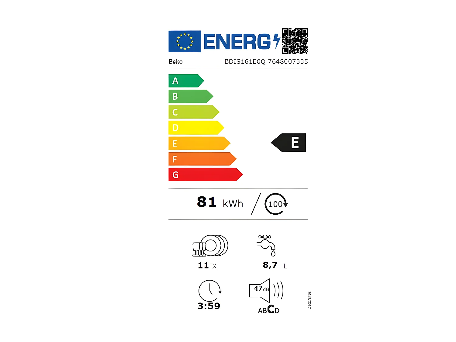 Lave-vaisselle encastrable BEKO E, BDIS161E0Q