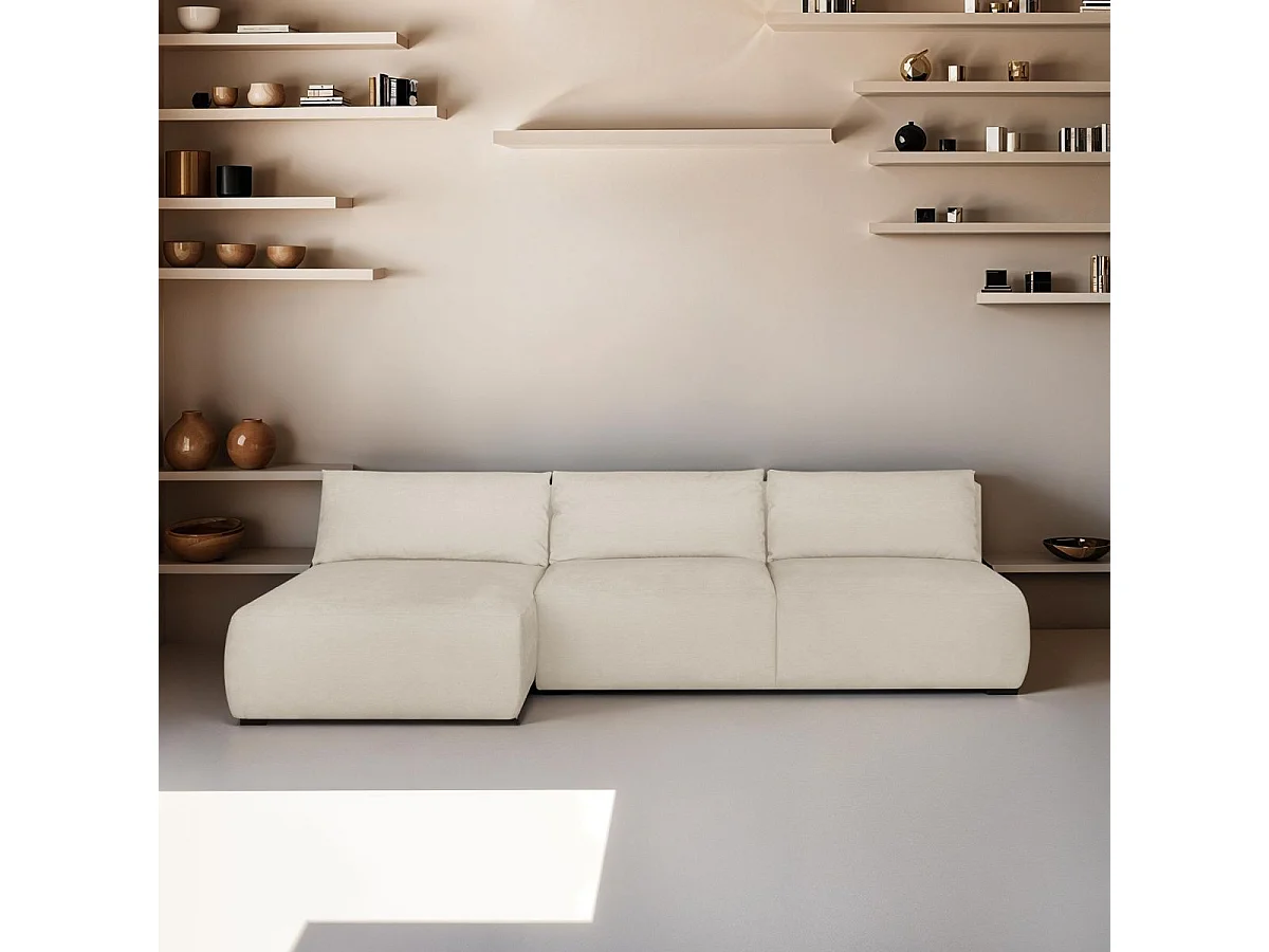 Canapé d'angle à gauche convertible 4 places avec coffre de rangement en tissu chenille beige - Jasper