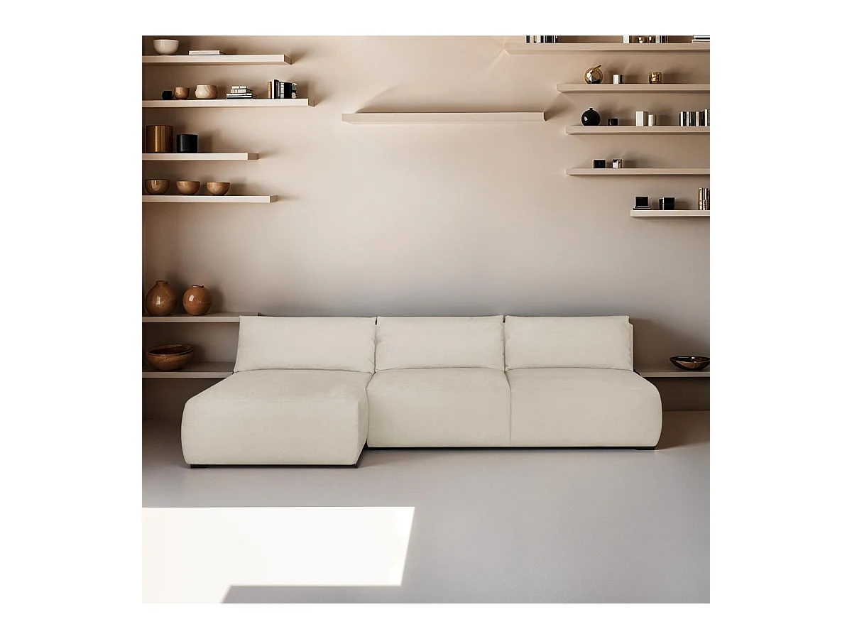 Canapé d'angle à gauche convertible 4 places avec coffre de rangement en tissu chenille beige - Jasper