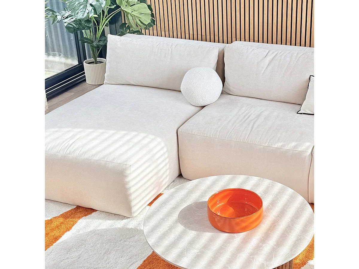 Canapé d'angle à gauche convertible 4 places avec coffre de rangement en tissu chenille beige - Jasper