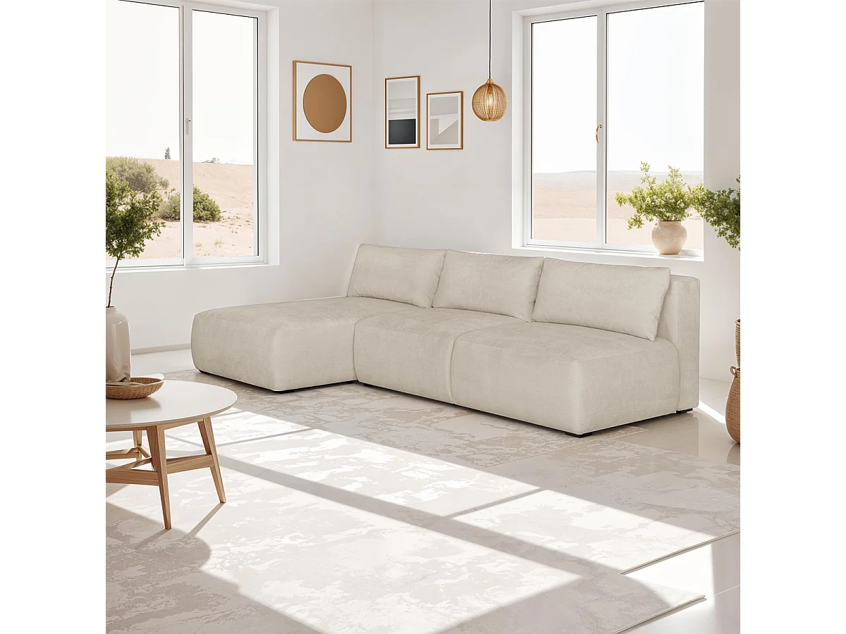 Canapé d'angle à gauche convertible 4 places avec coffre de rangement en tissu chenille beige - Jasper