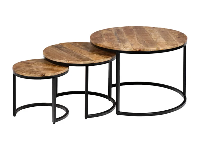 3 tables basses gigognes rondes bois de manguier pieds métal - MANHO